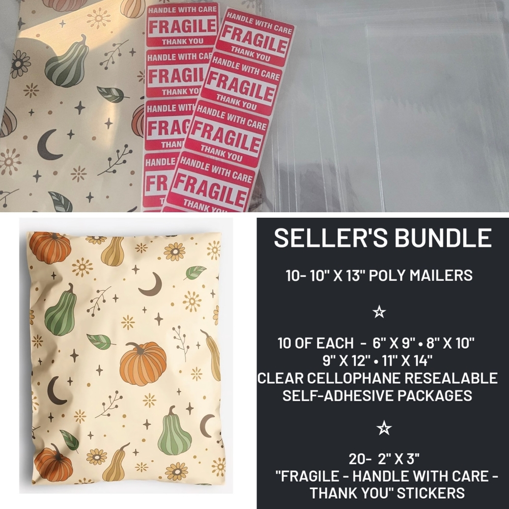 Sellers Bundle- 10x13 Fall Theme Poly Mailers, Clear Poly Bags, Fragile Stickers